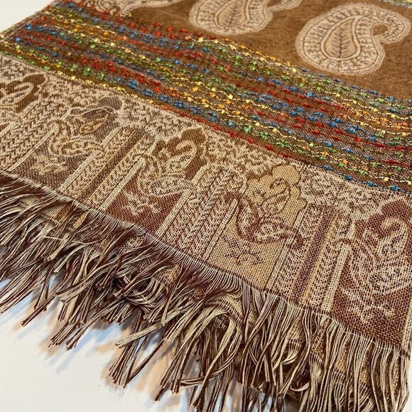 Oversized tan and multi-color paisley embroidered scarf - Picture 1 of 8